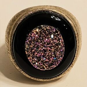 Stunning Black and Silver Rainbow Drusy Quartz Statement Ring-Size 7